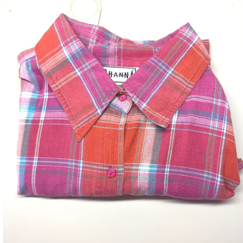 Shanna Women 1X Plaid Button Front Shirt Short Sleeve Cotton Coastal Y2K Summer